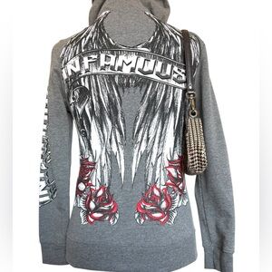 Infamous Woman’s Small Grey Floral Skull Angel Wings Zip Up Jacket With Hood